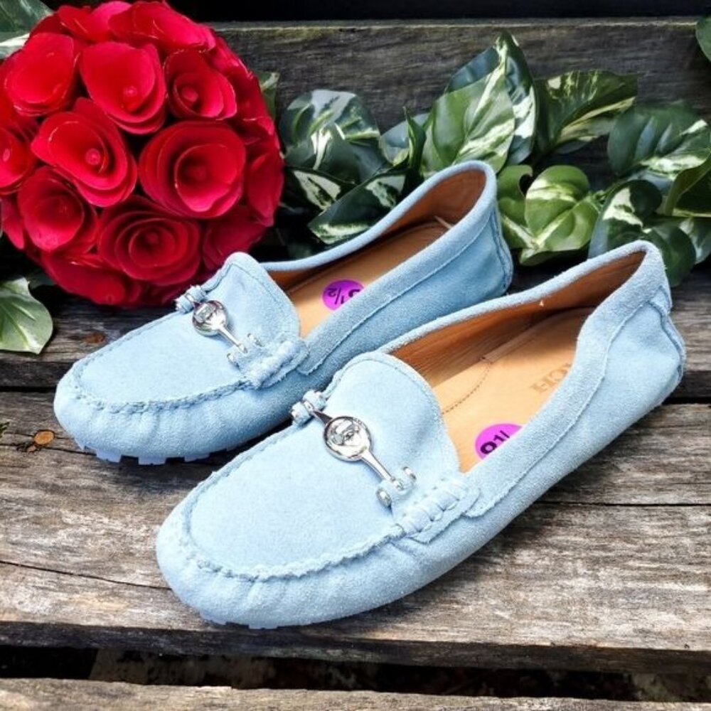 Coach Driver Flats Suede Leather Moccasin Turnbuckle Pastel Blue